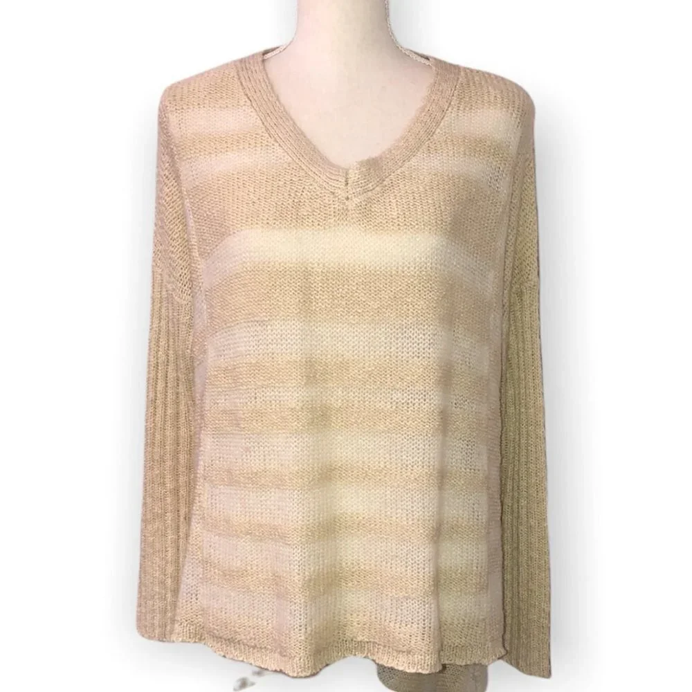MYSTREE Pullover Sweater Women's Size M/L Tan Hi-Low Sheer Knit V-Neck